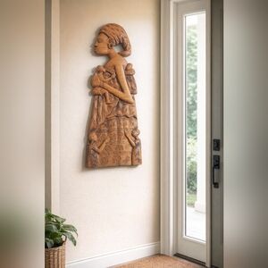 Large Vintage African Hand Carved Mother Child Wood Wall Sculpture 32"